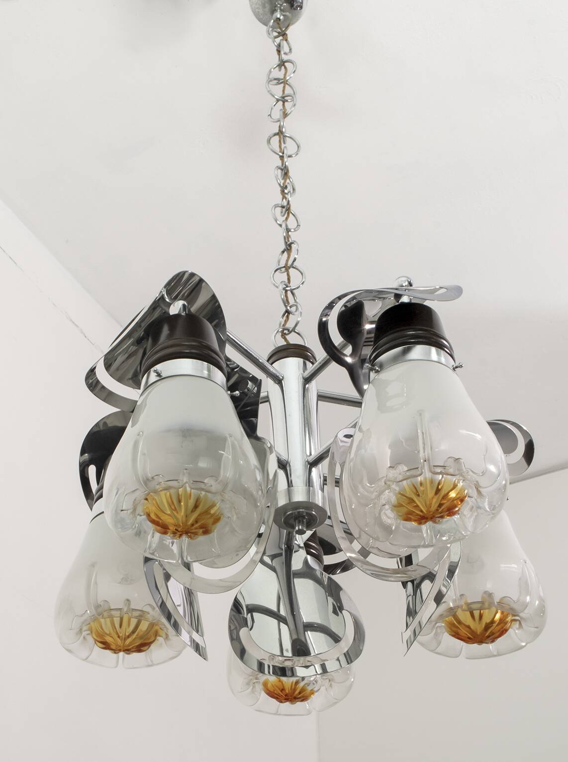 Mazzega Mid-Century Modern Italian Murano Glass and Steel Chandelier, 1970s