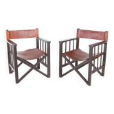 Pair of wooden and leather armchairs