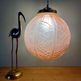 Vintage art deco globe pendant light in pink frosted glass