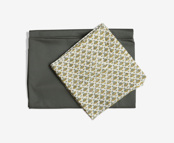 Nappe et serviettes en coton upcyclées vertes et jaunes