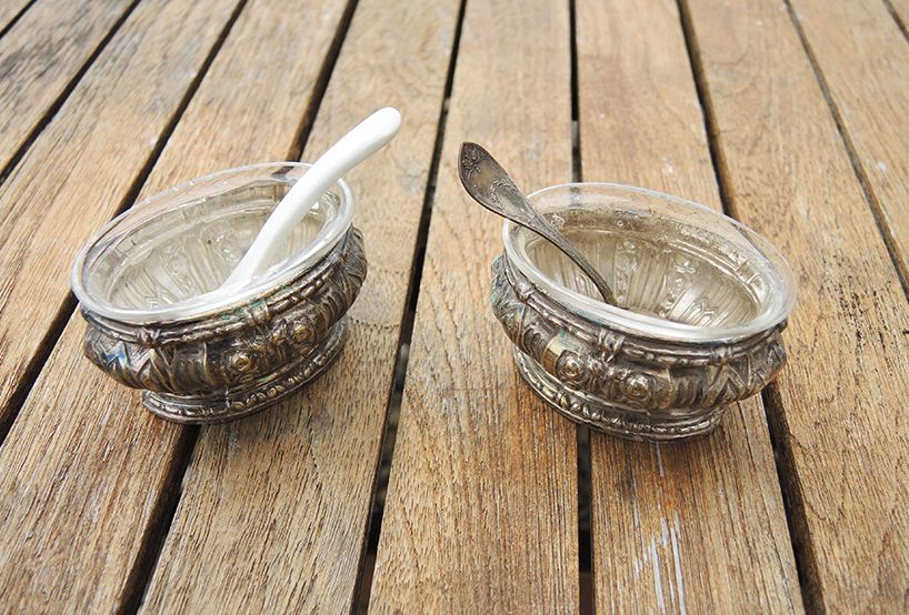 Old pair of oval metal salt shakers with louis xvi style verrine