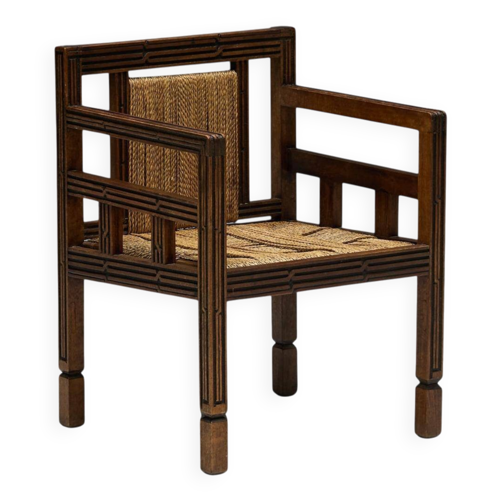 Art Deco Wooden Armchair with Rush Seat, France, 1920s