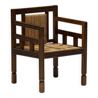 Art Deco Wooden Armchair with Rush Seat, France, 1920s