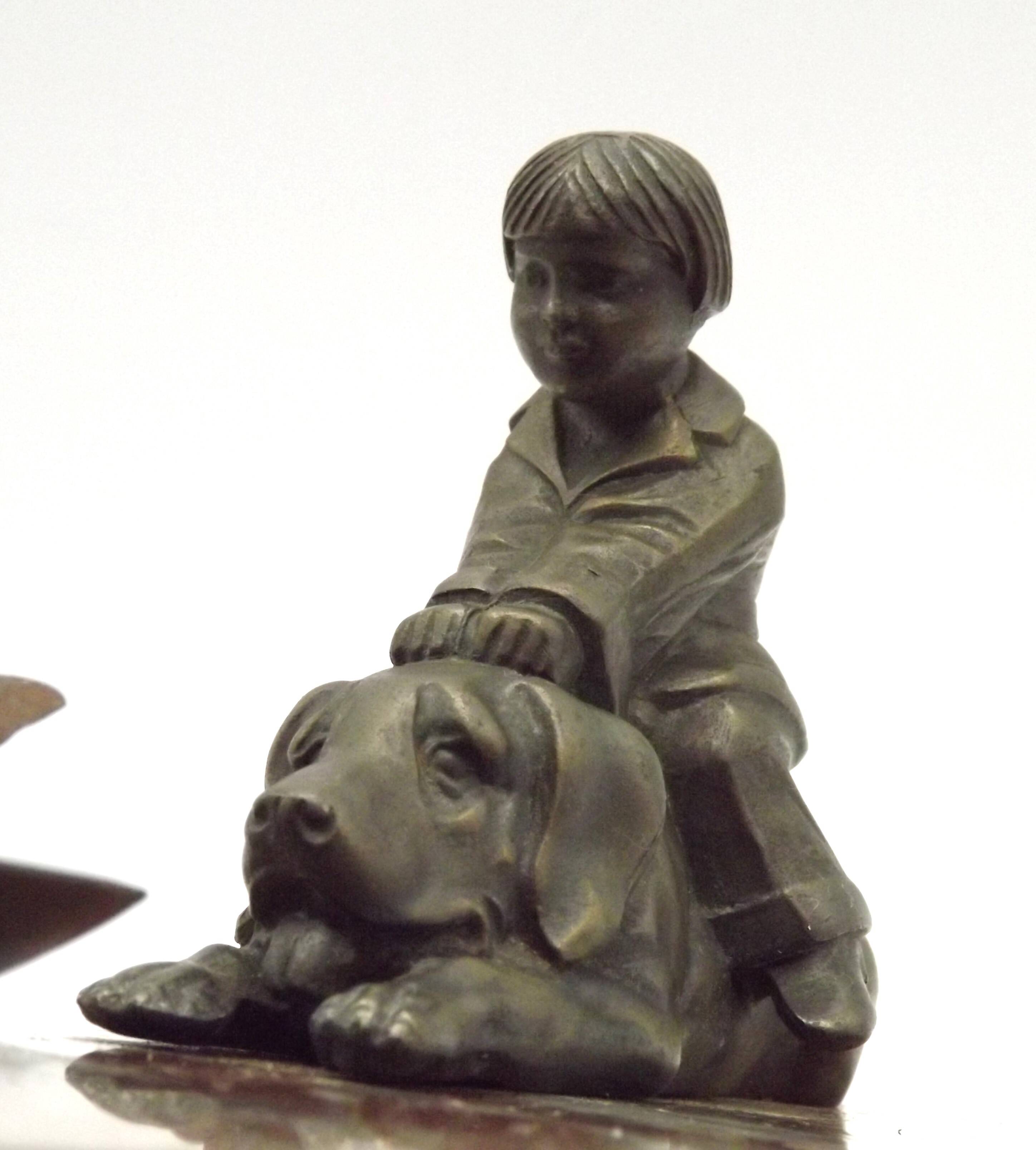 French Art Deco Table Lamp Vintage Dog & Child Figure Opaline Glass Shade