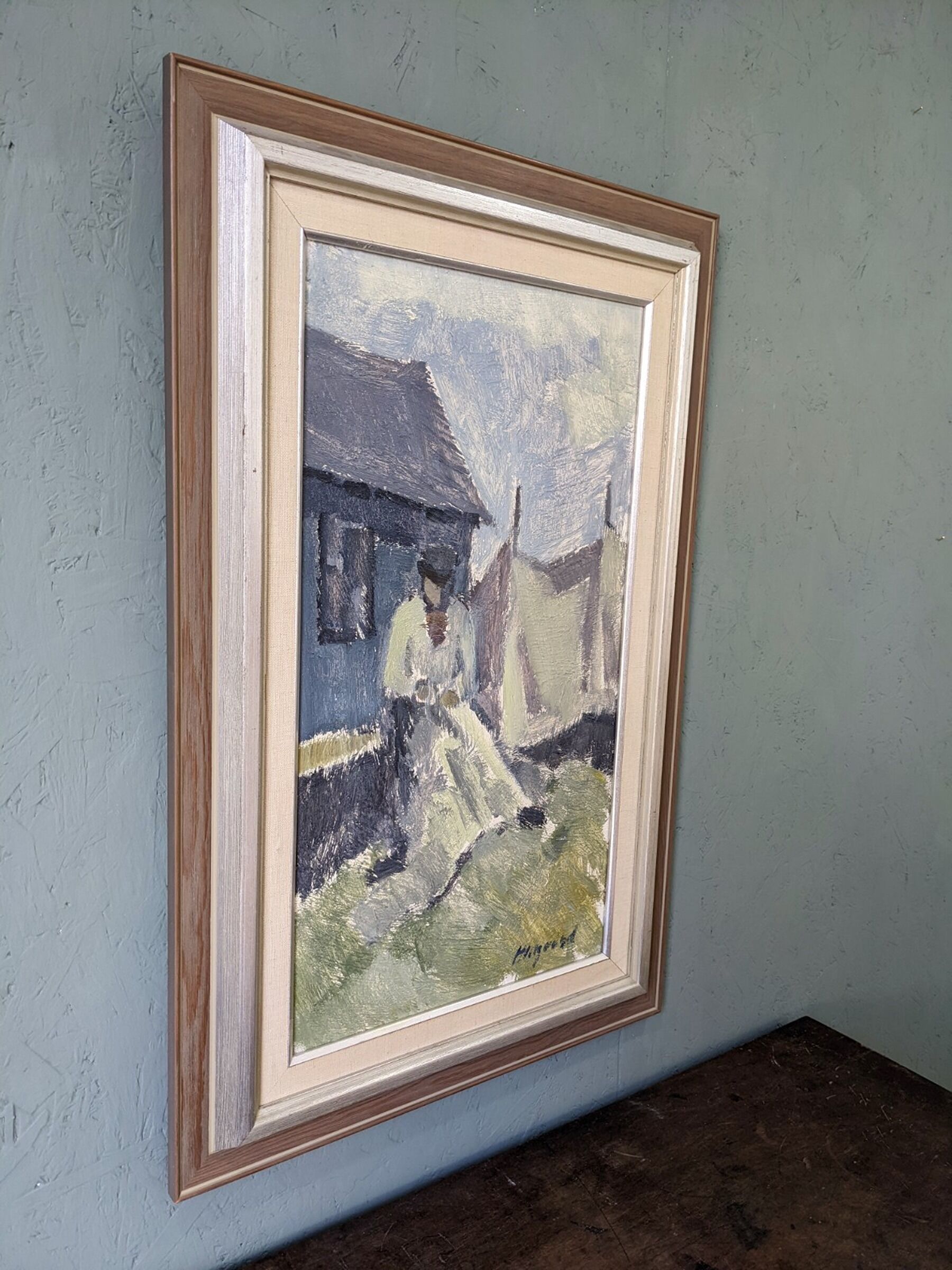 Mid-Century Modern "The Fisherman" Vintage Swedish Figurative Oil Painting, Framed