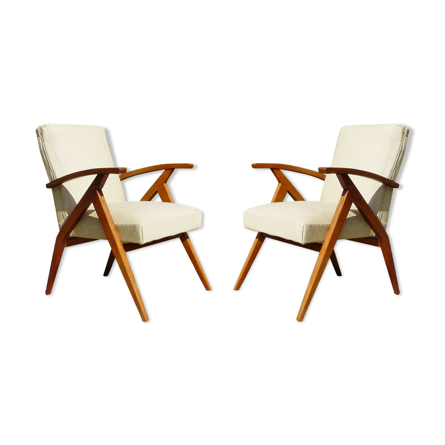 Pair of Scandinavian vintage armchairs in blond wood