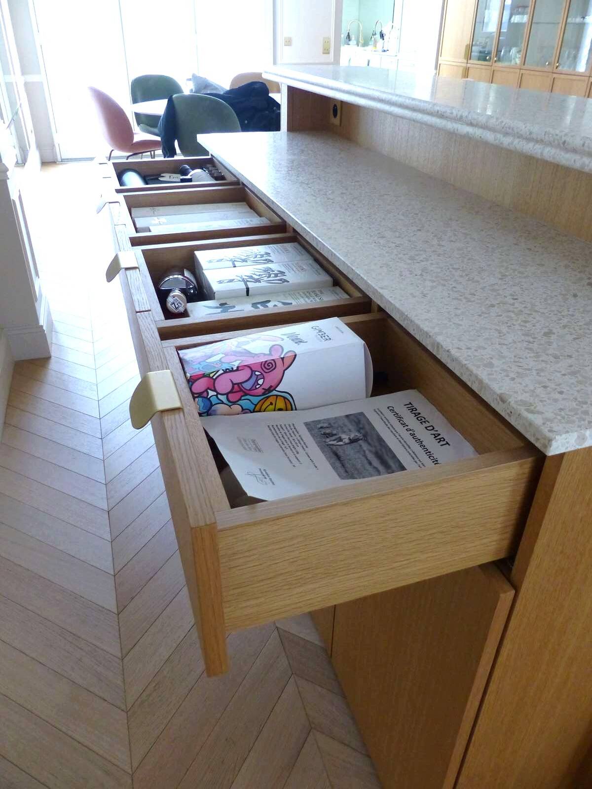 Contemporary bar in solid oak & double terrazzo top - Unique piece