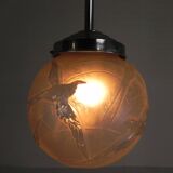 Art Deco pendant light with engraved glass globe and birds, 1930s