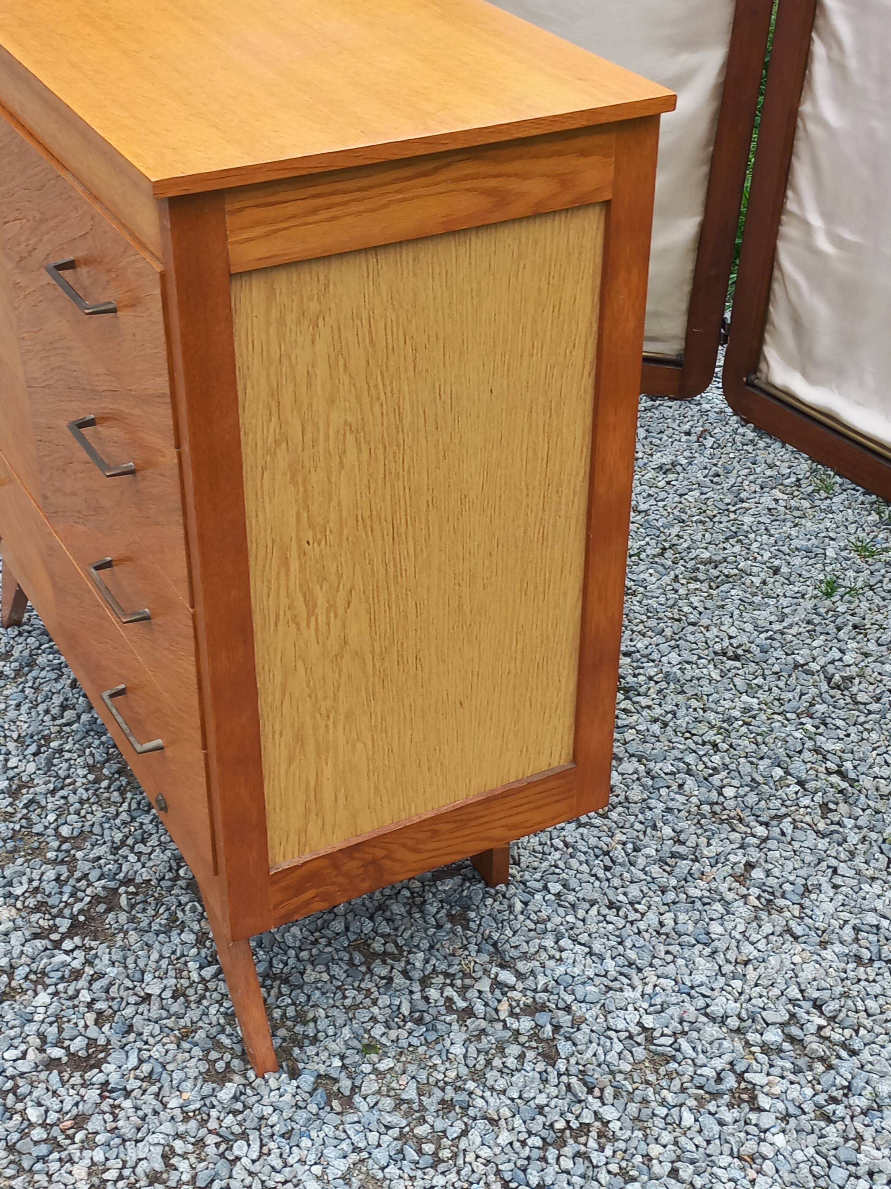 Vintage chest of drawers in blond and golden oak, compass legs and 4 drawers, 1950s