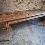 Antique French pine dining table, large farmhouse table on wheels, 19th century.