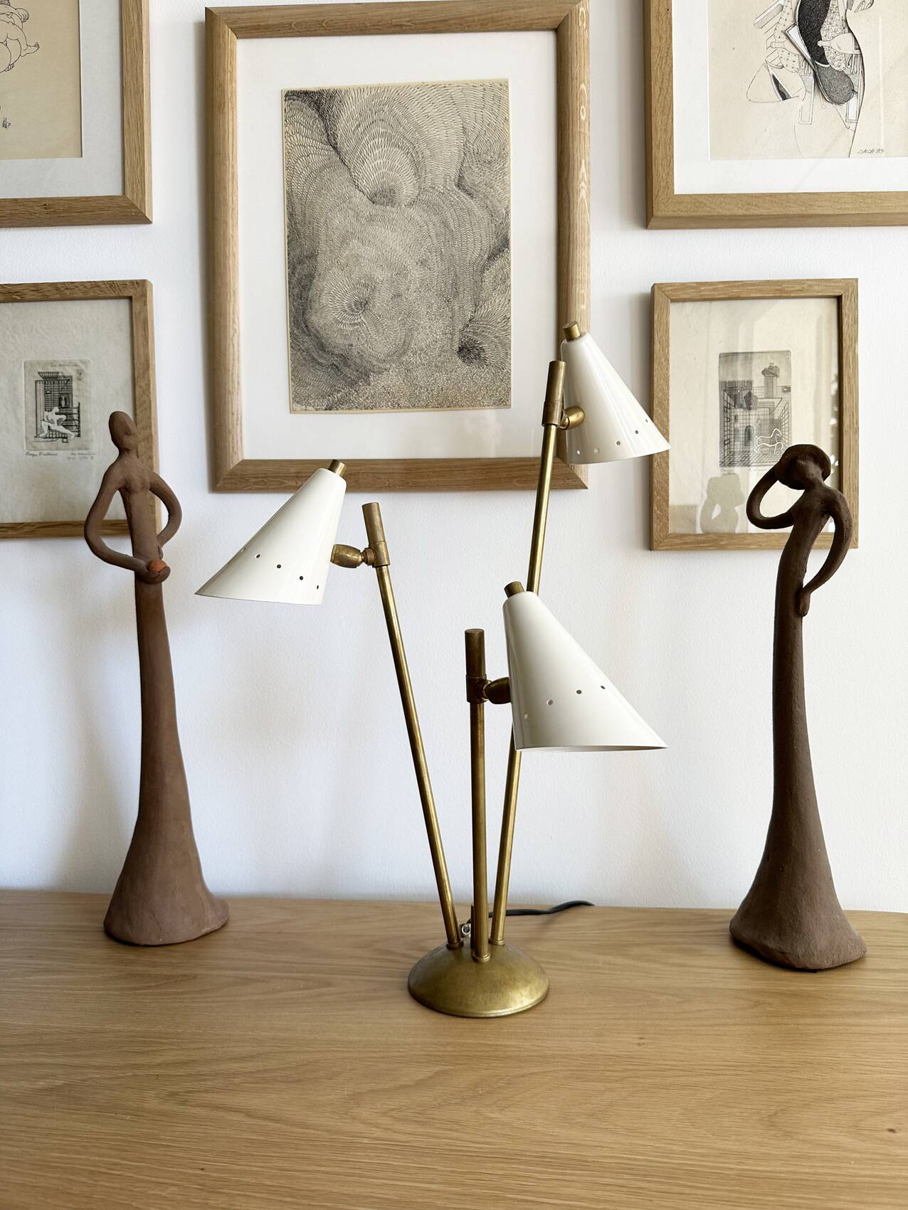 Italian lamp with three brass heads, 1950s design.