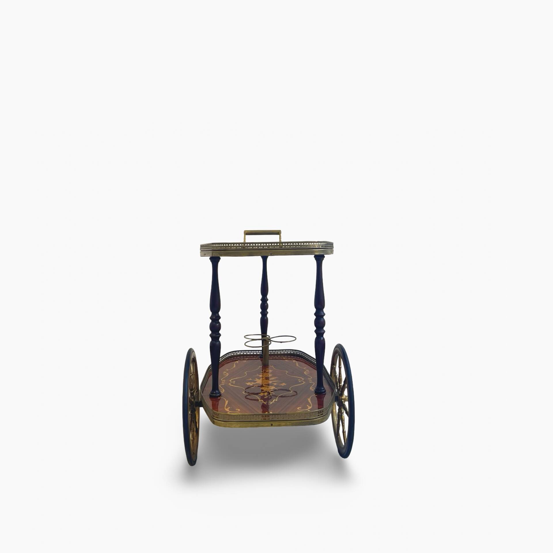 Chariot de bar en marqueterie de style Hollywood Regency italien présente des motifs floraux complexes.