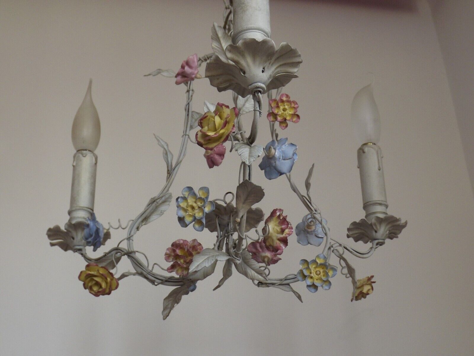 Italian tole ware 3 light cage chandelier with porcelain flowers