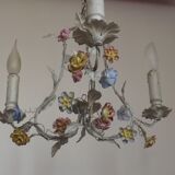 Italian tole ware 3 light cage chandelier with porcelain flowers