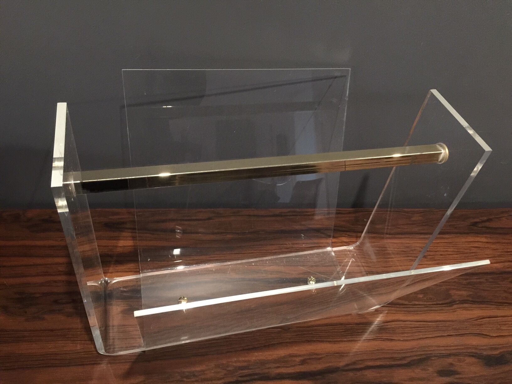 Magazine rack perspex and brass 1970s