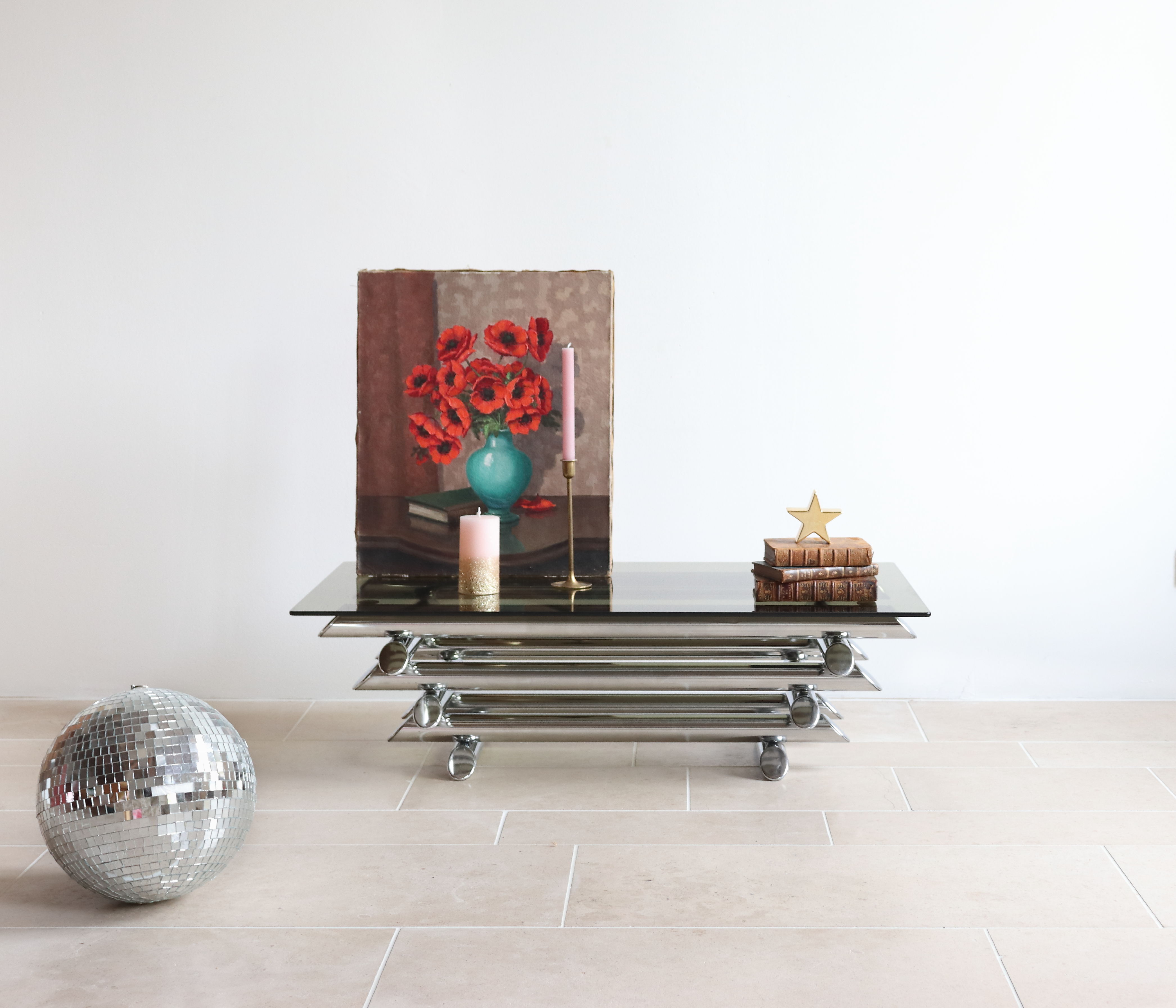 Coffee table in smoked glass and chrome tubular metal, 70s