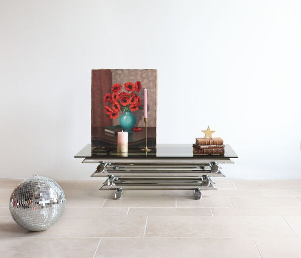 Table basse en verre fumé et métal tubulaire chromé, années 70