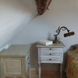 Pair of patinated bedside tables. Three drawers. End tables.