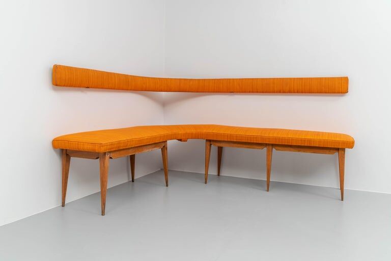 Corner sofa in blond wood and fabric Italy 1950s