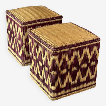 Lot de deux pouf assise cube en rotin osier graphique ikat rouge bordeau violet magenta