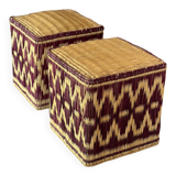 Set of two pouf seat cube rattan wicker graphic ikat red burgundy purple magenta
