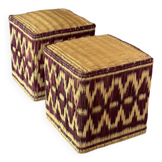 Set of two pouf seat cube rattan wicker graphic ikat red burgundy purple magenta