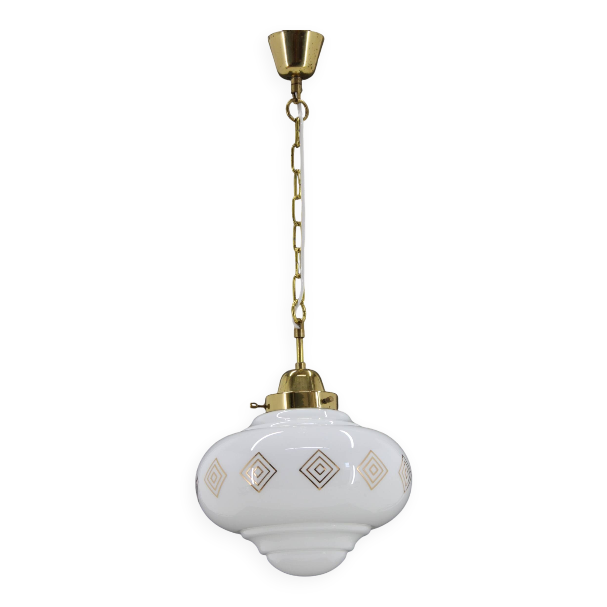 1970s Glass Pendant Light with Brass Chain , Czechoslovakia