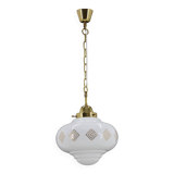 1970s Glass Pendant Light with Brass Chain , Czechoslovakia