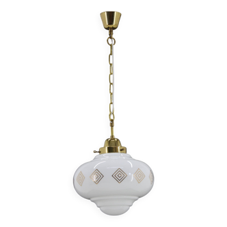 1970s Glass Pendant Light with Brass Chain , Czechoslovakia