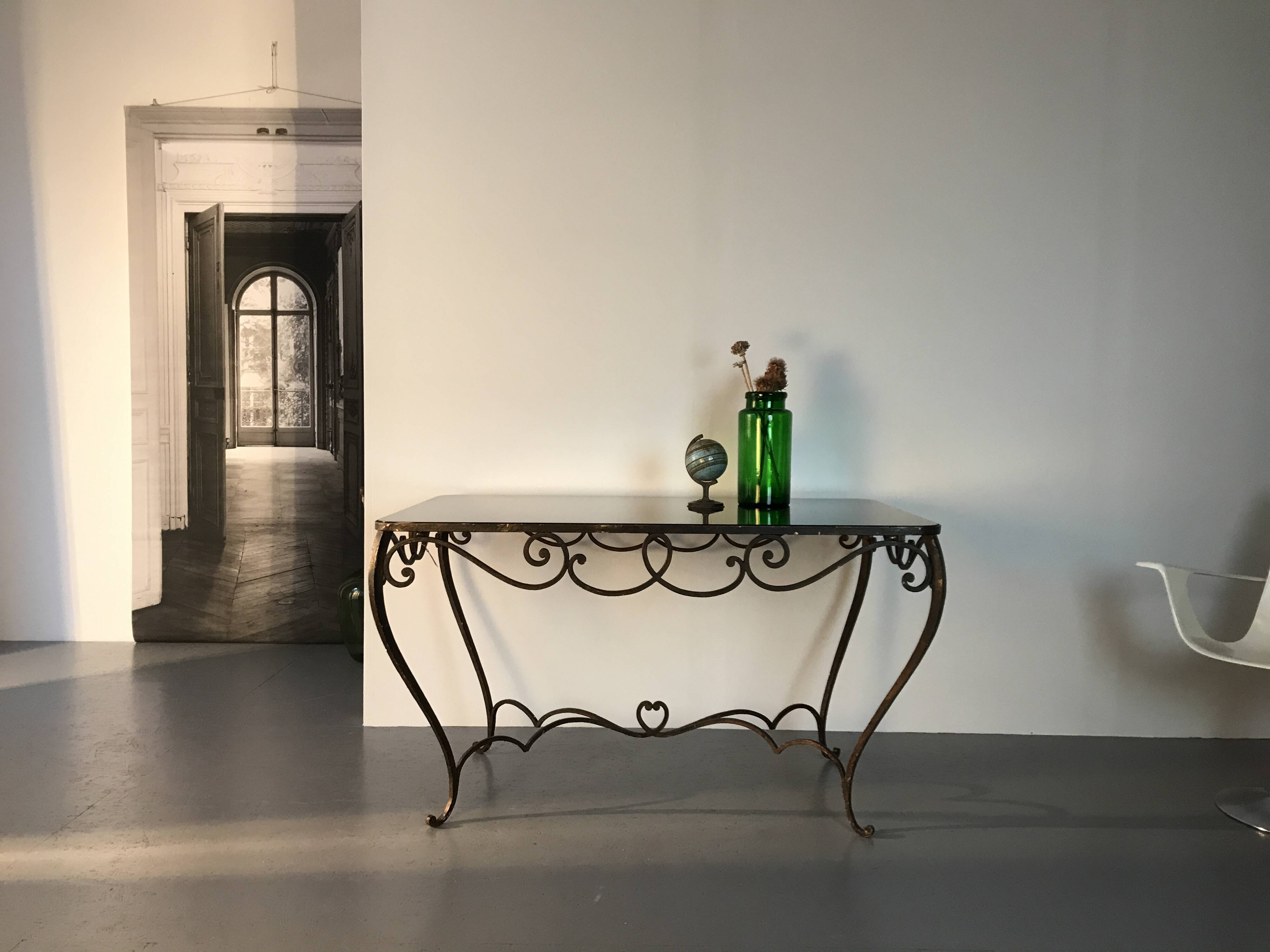 French Art Deco Wrought Iron Dining Table with Black Colored Glass, 1930s