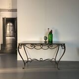 French Art Deco Wrought Iron Dining Table with Black Colored Glass, 1930s