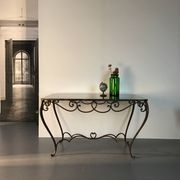 Table à manger Art Déco en fer forgé avec verre noir, années 1930