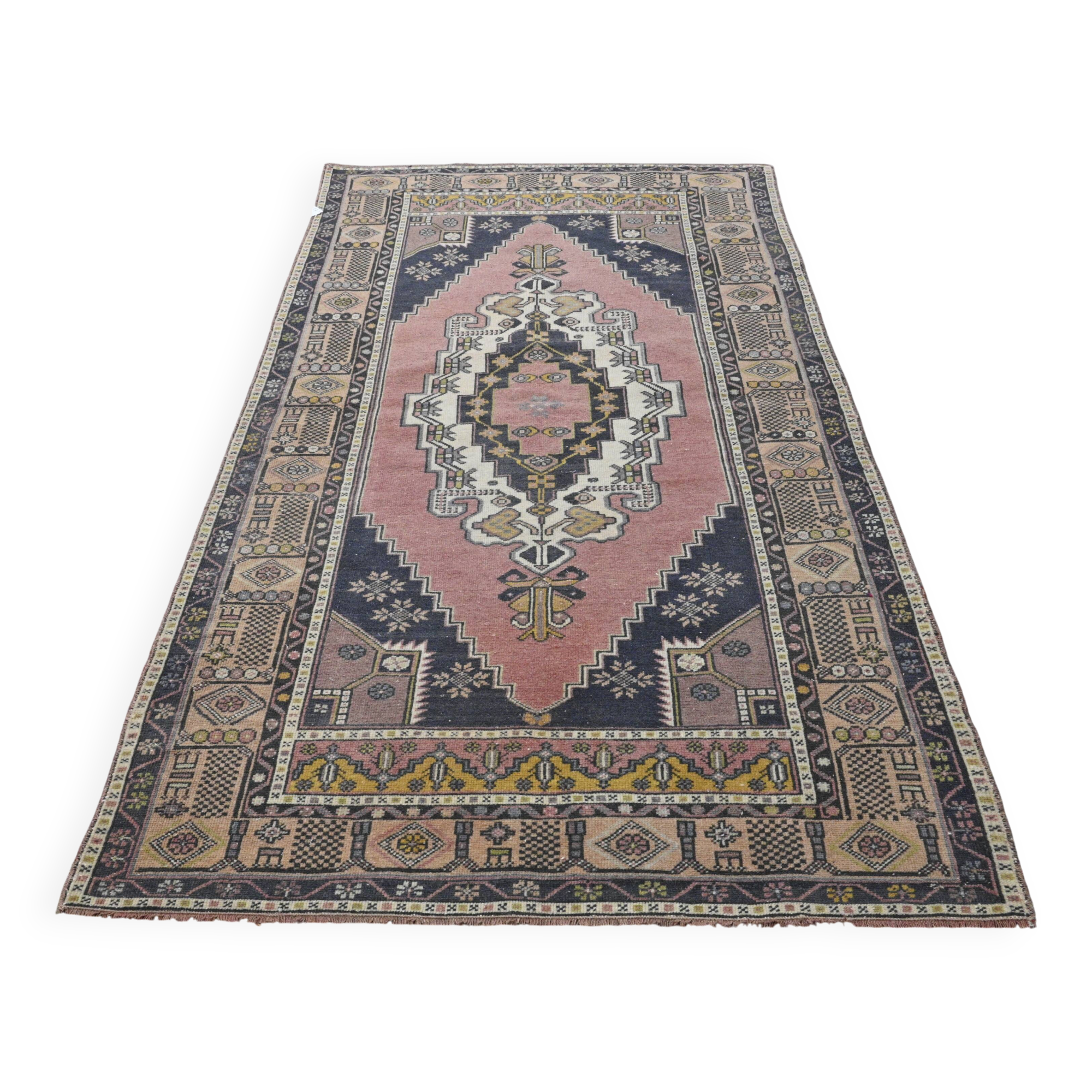 Vintage Turkish rug 134x240 cm, pink and navy blue tones, handmade wool