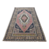 Vintage Turkish rug 134x240 cm, pink and navy blue tones, handmade wool