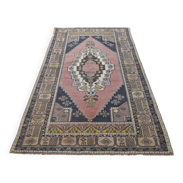 Vintage Turkish rug 134x240 cm, pink and navy blue tones, handmade wool