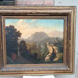 Grande peinture à l'huile sur toile d'une vue de Salzbourg du 19ème siècle