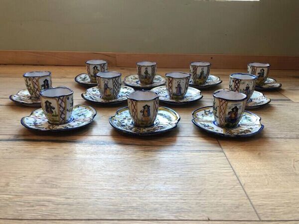Antique Henriot Quimper Faience Coffee Set, Breton Folk Art, 1893-1904