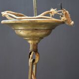 Chic lustre à pampilles bronze doré 6 feux enfilage verre ancien