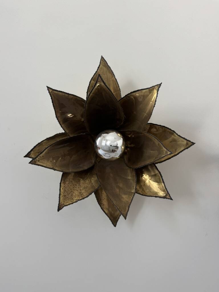 Pair of vintage patinated brass wall lights with floral motif, France, 1960.