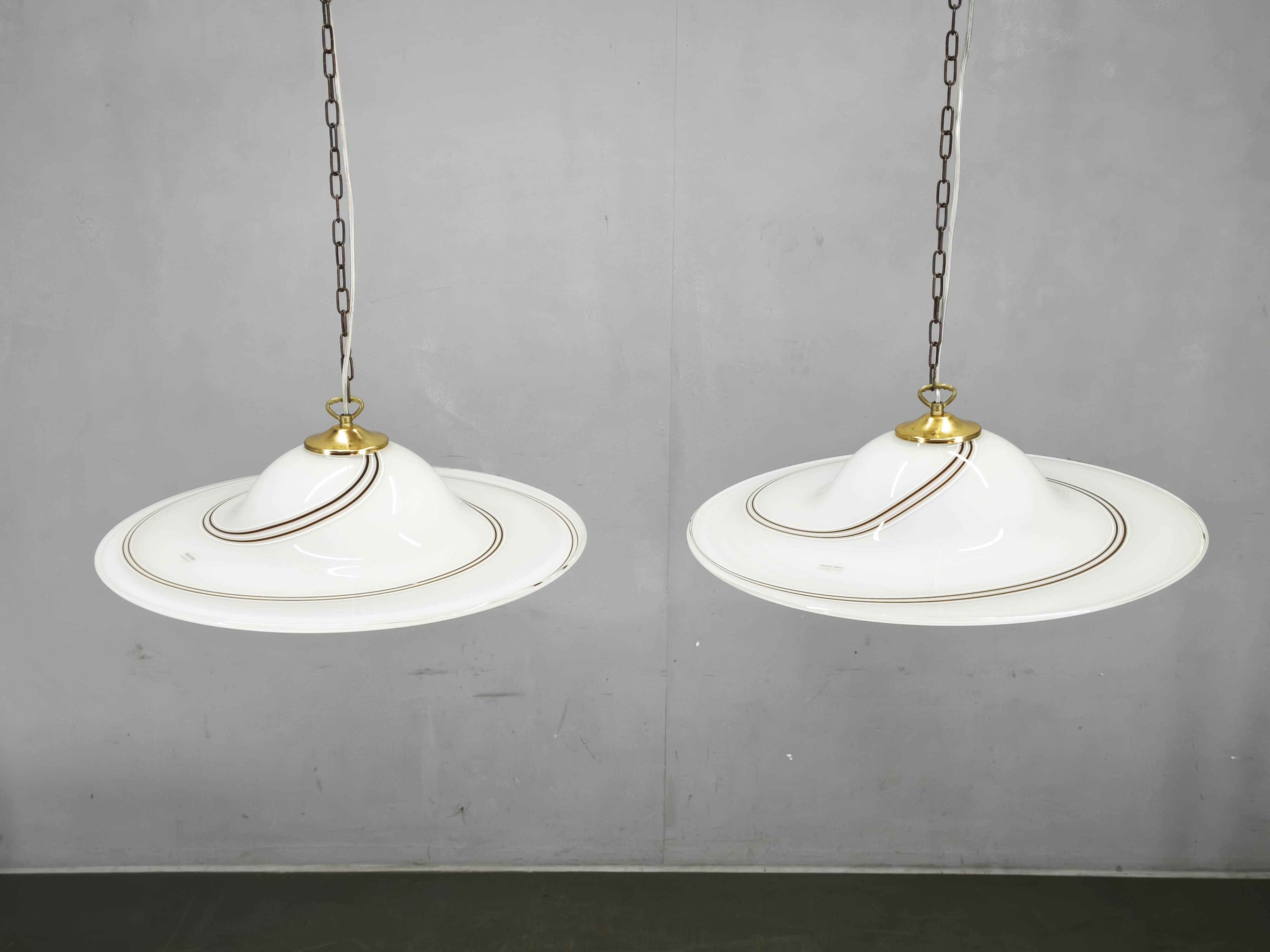 Pair of 1970s Italian Murano Opaline Glass and Brass Pendant Lights