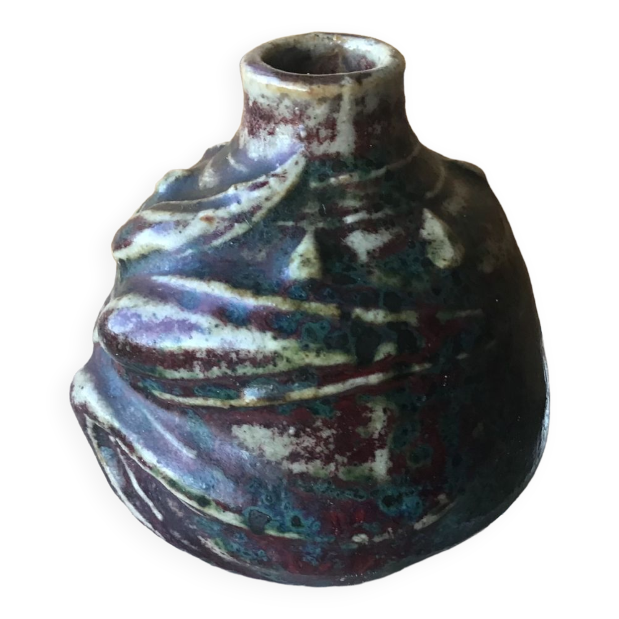 Small Dalpayrat vase shaped ball in polychrome glacured ceramic with relief decoration of a flower signed under the base