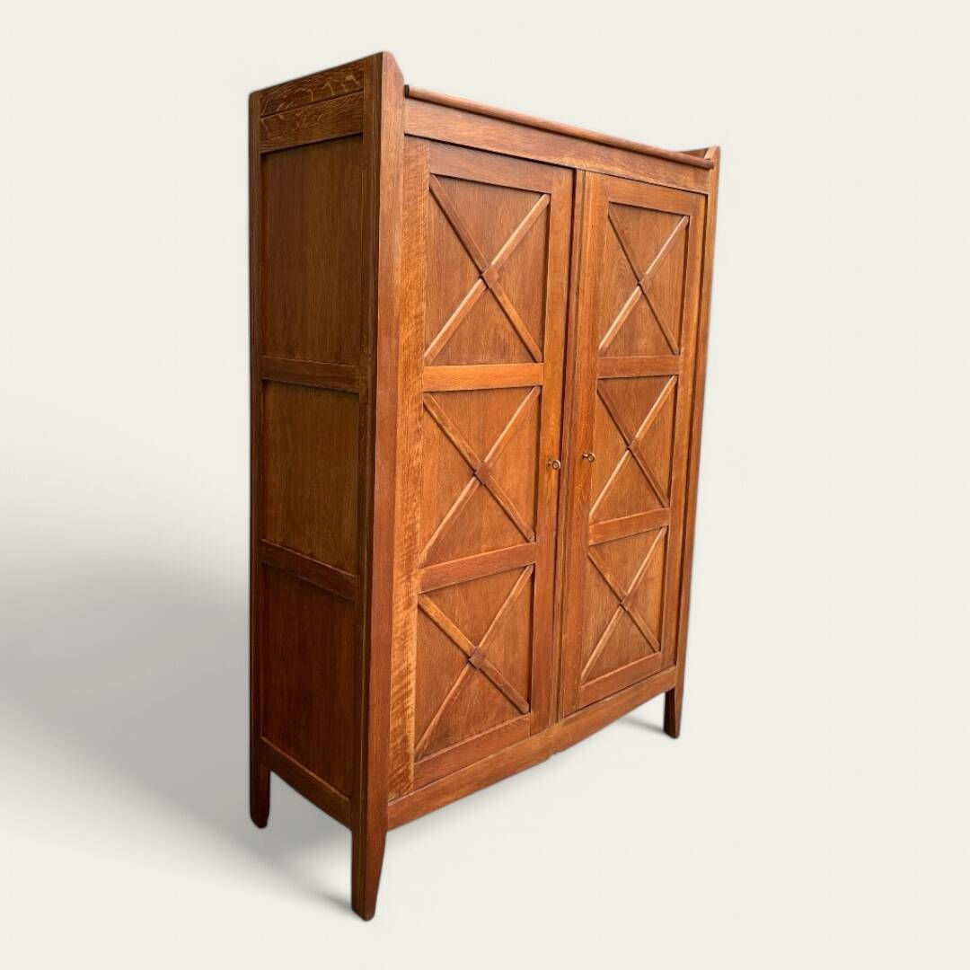 Vintage solid oak cross-braced wardrobe 1940