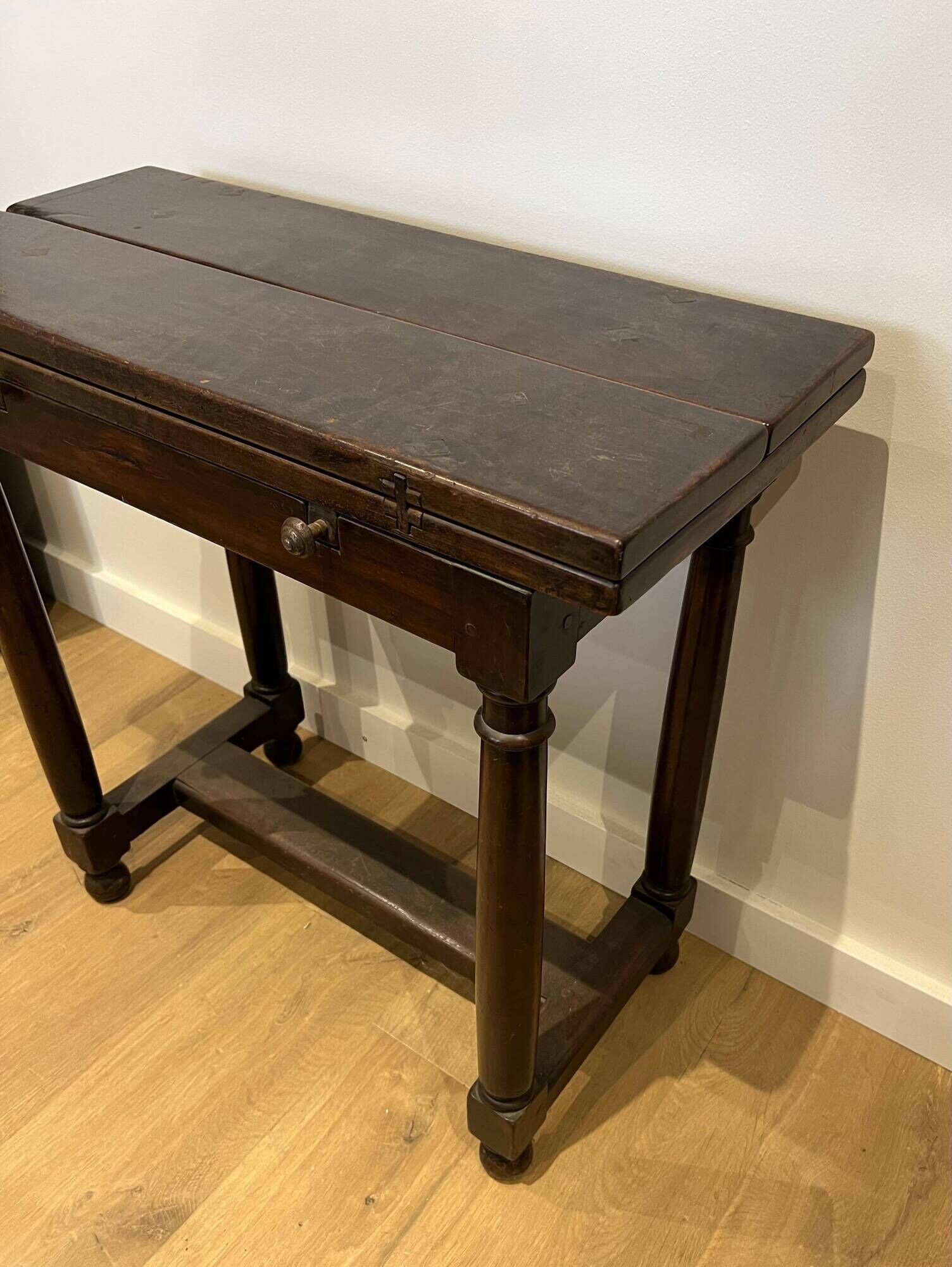 Portuguese Table with Folding Top in Walnut with Detached Columns and Stretcher
