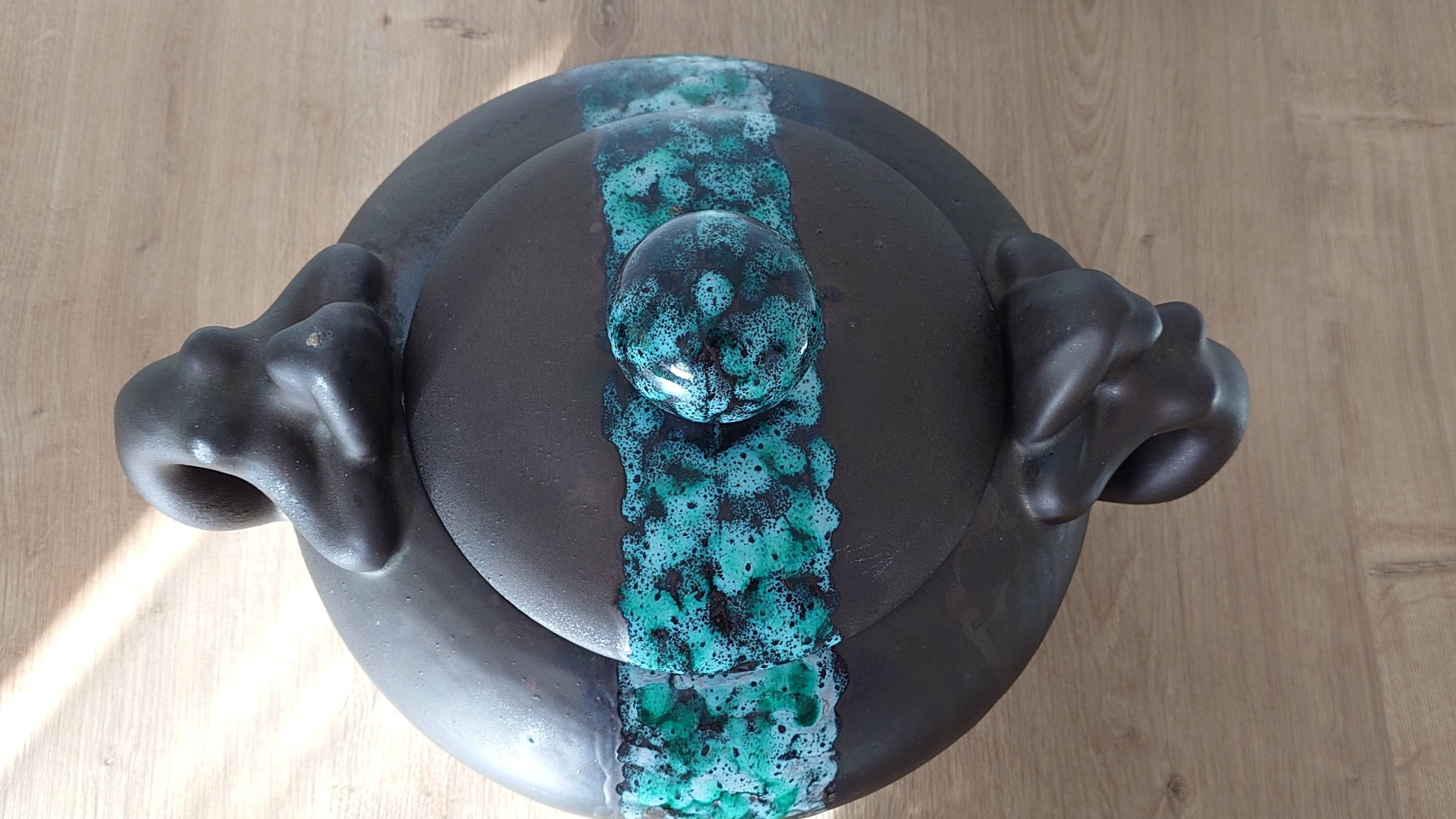 Vintage modernist soup tureen from the 60s-70s, matte brown ceramic and green glaze.