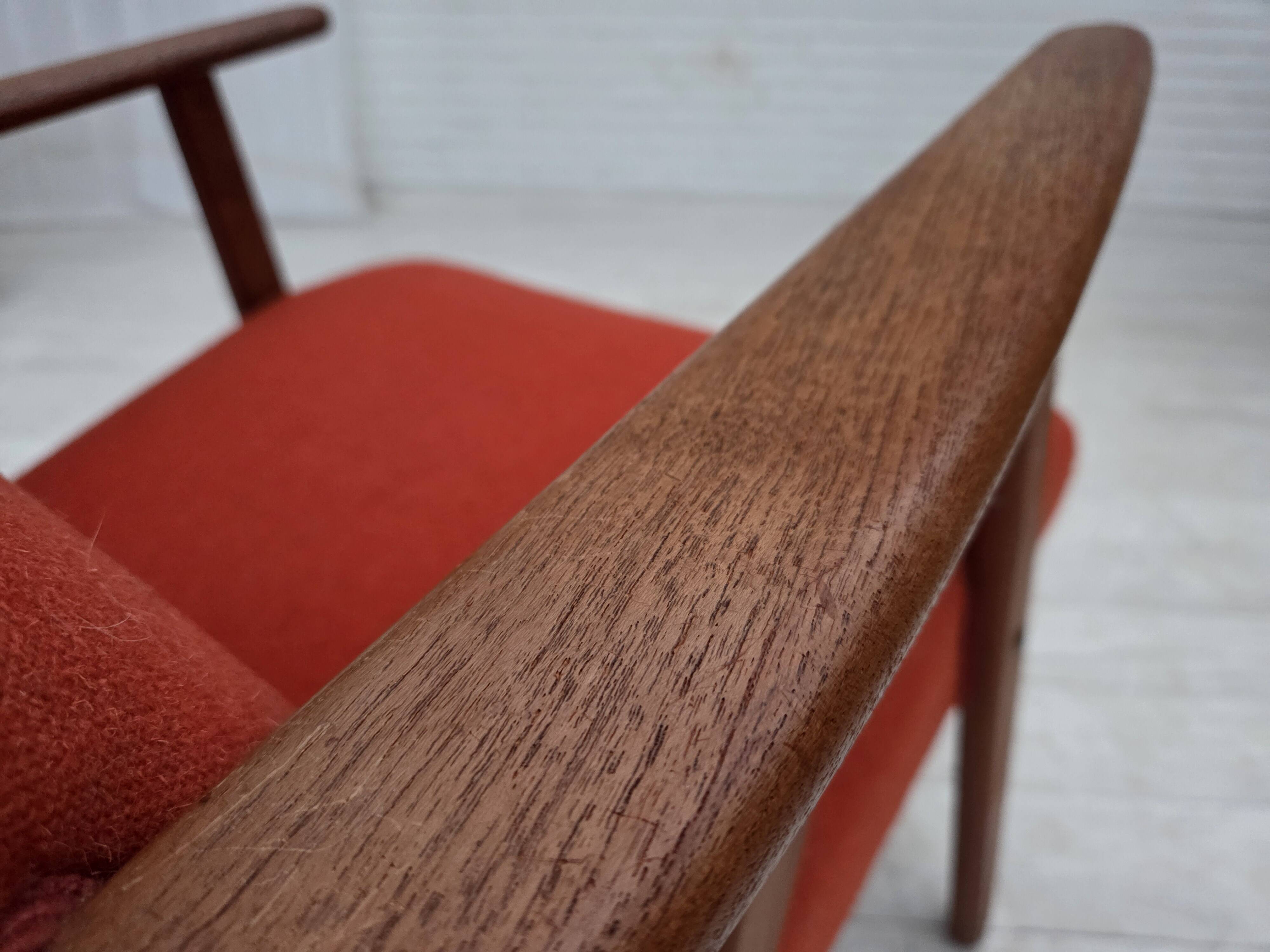 1970s, Danish highback armchair, furniture wool, teak wood, oak wood.