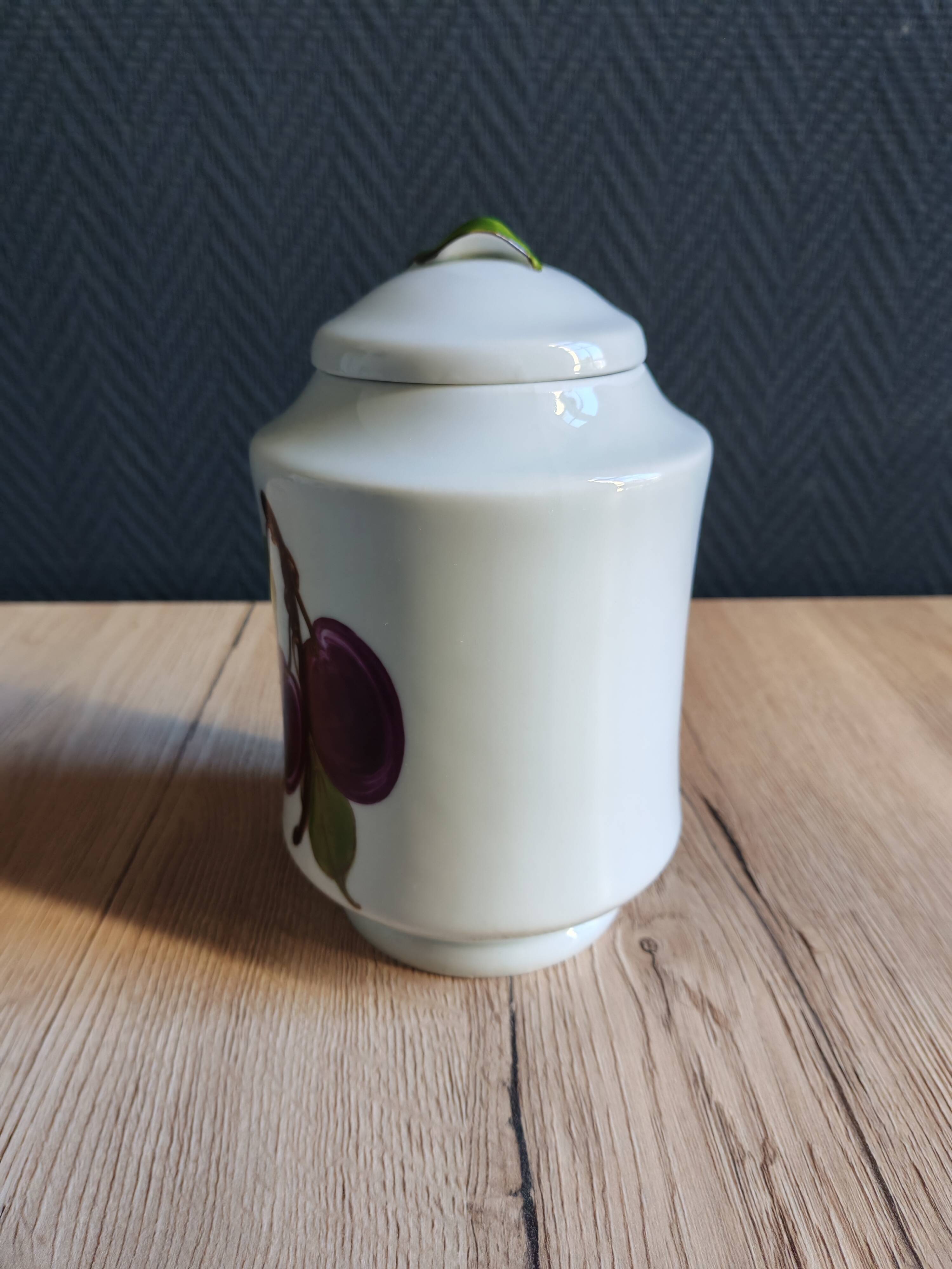 Porcelain jam pot with hand-painted plum design, signed sweet jar.