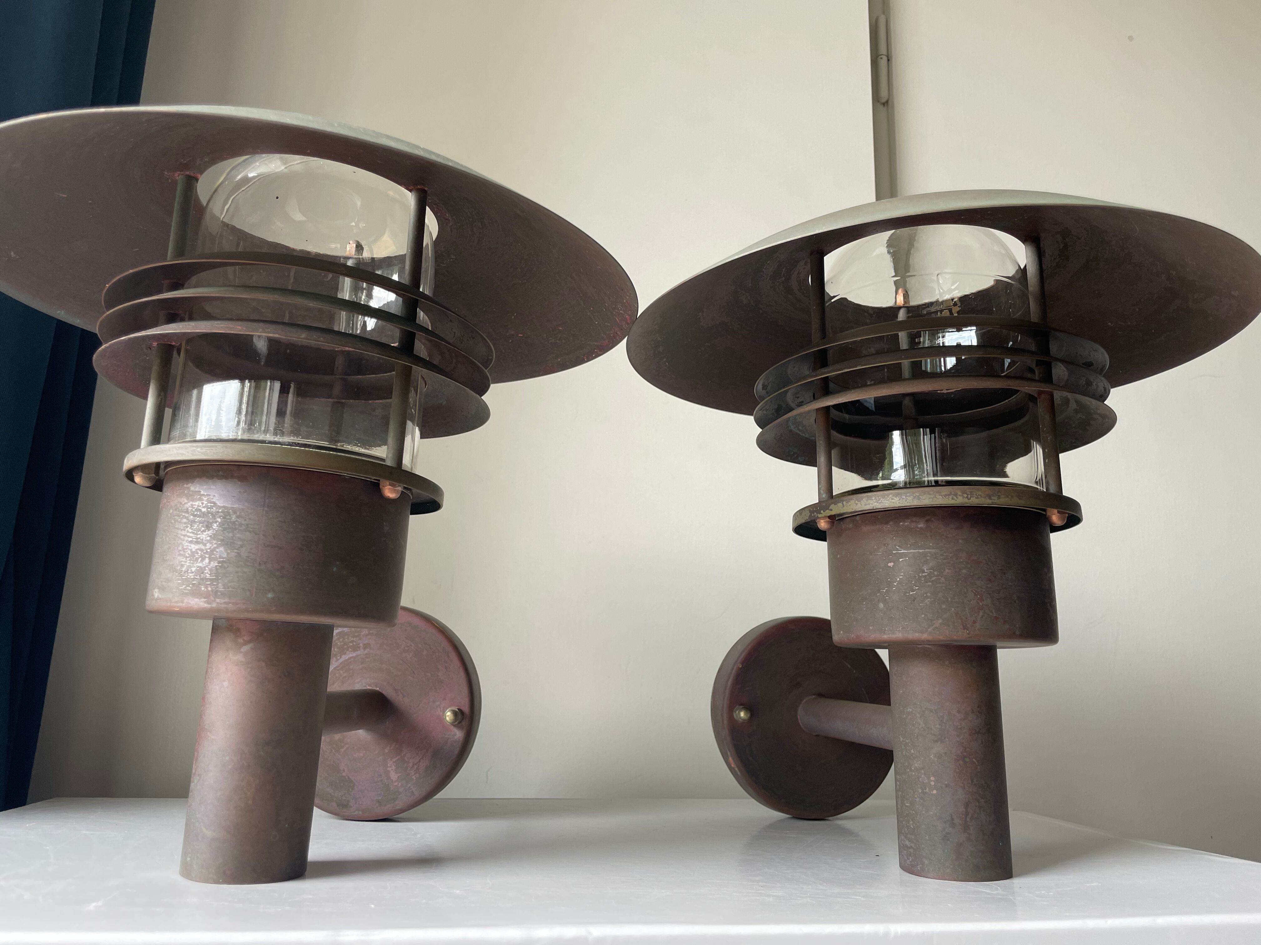 Pair of classic danish vintage  outdoor wall lamps in copper