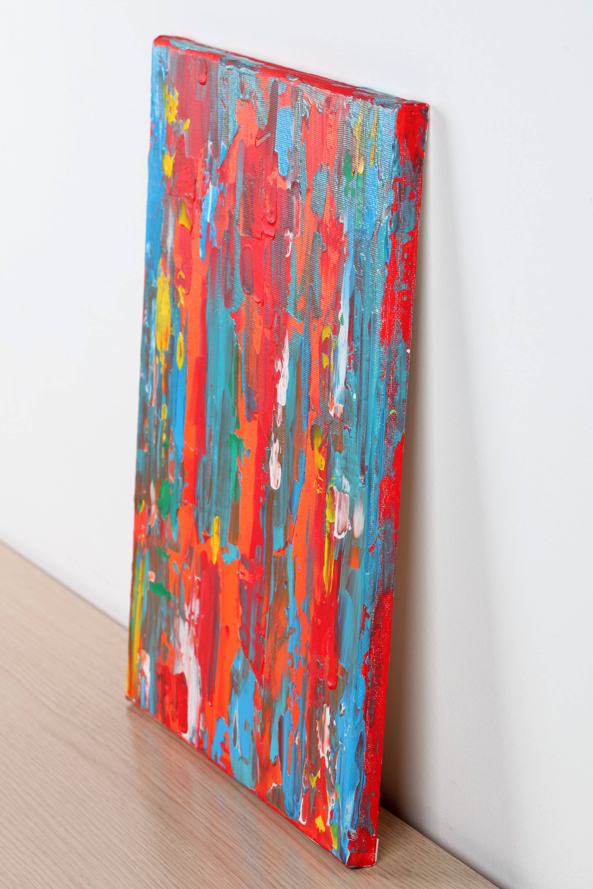 Abstract Red, Orange and Blue original painting on stretched canvas
