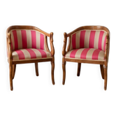 Pair of gondola armchairs with swan neck in Louis XV style, striped pink fabric.