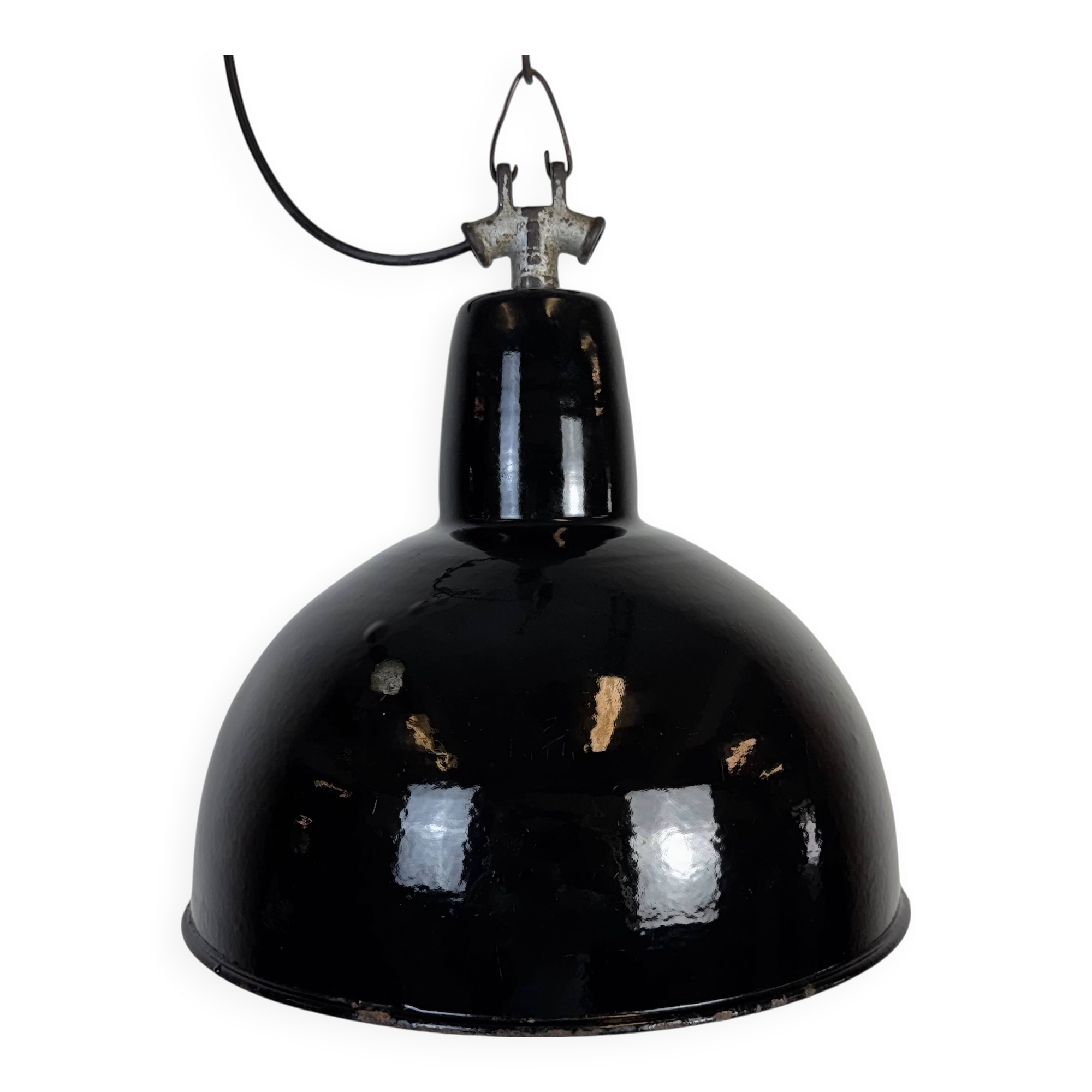 Industrial Black Enamel Factory Lamp with Cast Iron Top, 1950s